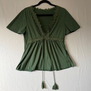 Womens Babydoll Lace Trim Top Size XL Green Forest Fairy Tassels Goblincore